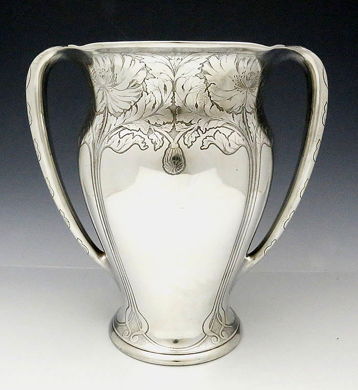 Tiffany acid etched 1907 sterling silver antique vase two handle
